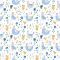 Seamless pattern with cute chickens, hens and plants on a white background. vector