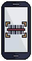 Pixel art mobile phone with barcode on screen vector icon for 8bit game on white background