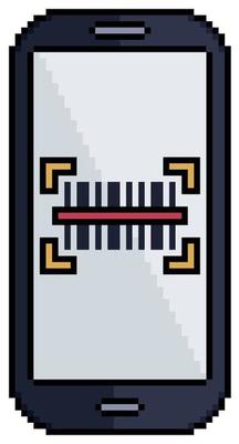Pixel art mobile phone with barcode on screen vector icon for 8bit game on white background