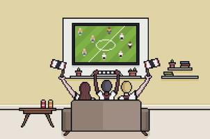 fanáticos del arte de píxeles viendo fútbol en la televisión en la sala de estar, alemanes viendo el fondo de 8 bits de la copa mundial de fútbol vector