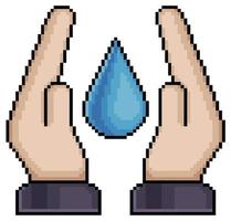 pixel art manos sosteniendo icono de vector de gota de agua para juego de 8 bits sobre fondo blanco