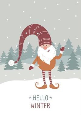 Happy Holidays greeting card. Christmas cute swedish gnome in red santa