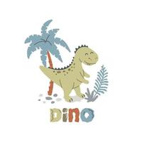 Cute poster with the composition of little dinosaur, palm, leafs vector print