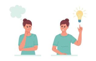 Woman think with think bubble symbol and happy woman pointing up on Light bulb representing idea, solution in the thought bubble vector