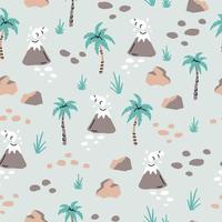 Seamless pattern with hand drawn volcanoes, palms, stones, leaves in scandinavian style vector