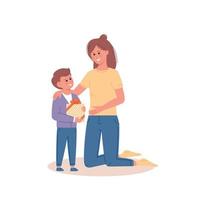 Mom hugging and giving gift to her son to birthday or holiday event vector