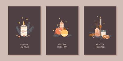 Set of different christmas cards, templates. Christmas tree decorations, candles and aroma accessories vector