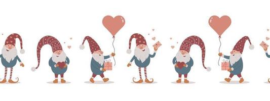 Seamless linear pattern with scandinavian gnomes. Happy Valentines day. Love. vector