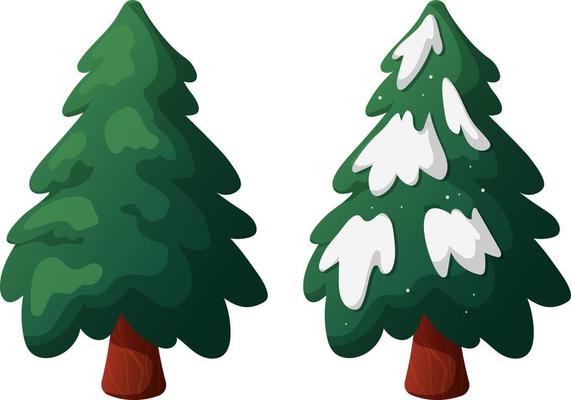 Christmas tree in cartoon style with and without snow on a transparent background