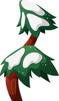 Cartoon-style pine tree with curved trunk with snow on transparent background vector