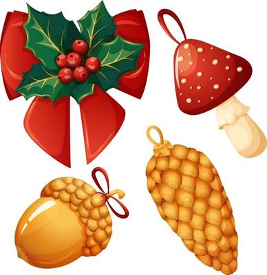 Set of natural Christmas decorations and toys. New Year's mistletoe, fly agaric, acorn and cone