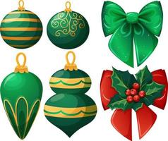 conjunto de juguetes, bolas y decoraciones de árbol de navidad verde vector