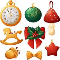 Set of vintage Christmas tree toys and decorations in gold, red and green colors vector