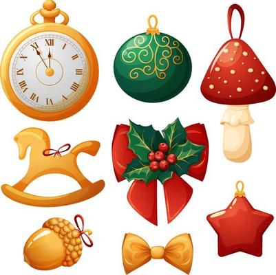 Set of vintage Christmas tree toys and decorations in gold, red and green colors
