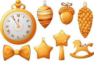 Set of golden Christmas tree toys, balls and decorations vector