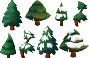 Set of Christmas trees, fir trees on transparent background with snow and without vector