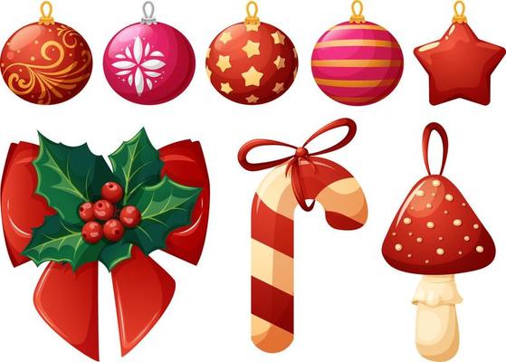 Set of red Christmas tree toys, balls and decorations