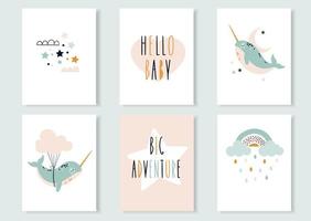 Posters for the nursery. Cute illustrations with narwhals and stars in Scandinavian style vector