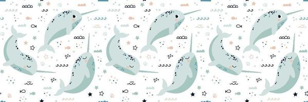 Seamless horizontal pattern with narwhals. Vector illustration in Scandinavian style