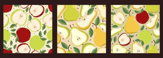 Vector collection of three seamless patterns with apples and pears.