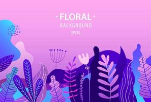 Vector flat illustration, banner with florals, leaves, flowers, sky. Bright vibrant gradient colors, background for web, landing, cosmetics, packaging, posters