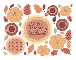 Vector Autumn dinner table top view isolated. Flat style pumpkin pie and coffee on table.