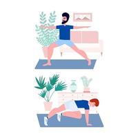 Man doing fitness at home vector illustration set