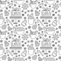 Tasty Christmas desserts doodle seamless pattern. Cocoa with marshmallos and ginger cookies on white background vector