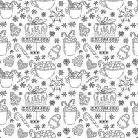 Tasty Christmas desserts doodle seamless pattern. Cocoa with marshmallos and ginger cookies on white background vector