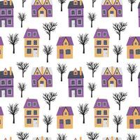 Vector houses and trees seamless pattern. Cute country houses in cartoon style pattern