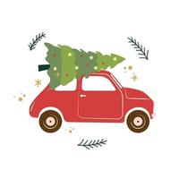 ilustración vectorial de un coche rojo retro con árbol de navidad en la parte superior vector