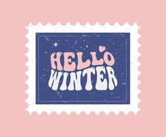 Retro 60s 70s Christmas New Year postal stamp card. Hippie Groovy Xmas sign Hello Winter for Holiday season greeting postcards, stickers, t-shirts. vector