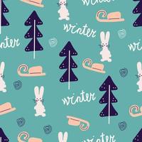 Winter seamless pattern with fir trees, rabbit and sled on a mint background. Surface design for textile, fabric, wallpaper, packaging, gift wrap, paper, scrapbook and packaging. vector