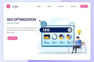 concepto de optimización seo, desarrollo de sitios web, emprendedor, web de negocios, analista de datos, ilustración con íconos y carácter. estilo de plantilla de vector plano adecuado para páginas de destino web.