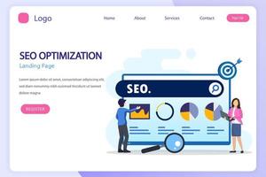 concepto de optimización seo, desarrollo de sitios web, emprendedor, web de negocios, analista de datos, ilustración con íconos y carácter. estilo de plantilla de vector plano adecuado para páginas de destino web.