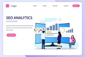 SEO Analytics Team, Search engine ranking, Seo success, Seo optimization, illustration with icons and character. Flat vector template style Suitable for Web Landing Pages.
