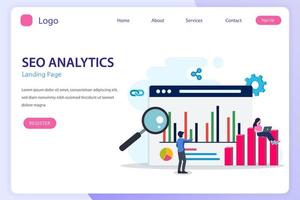 equipo de análisis de seo, clasificación de motores de búsqueda, éxito de seo, optimización de seo, ilustración con iconos y carácter. estilo de plantilla de vector plano adecuado para páginas de destino web.