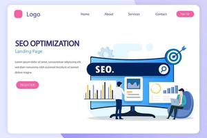 concepto de optimización seo, desarrollo de sitios web, emprendedor, web de negocios, analista de datos, ilustración con íconos y carácter. estilo de plantilla de vector plano adecuado para páginas de destino web.