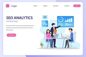 SEO Analytics Team, Search engine ranking, Seo success, Seo optimization, illustration with icons and character. Flat vector template style Suitable for Web Landing Pages.