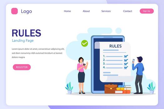 Business people studying list of rules, reading guidance, making checklist Vector illustration.