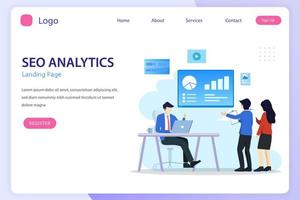 SEO Analytics Team, Search engine ranking, Seo success, Seo optimization, illustration with icons and character. Flat vector template style Suitable for Web Landing Pages.