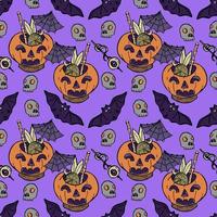 Halloween background. Vector seamless pattern with pumpkins, bats, skulls. Spooky season.