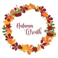 Autumn wreath with maple oak leaves and wild berries with space for text. Vector illustration isolated white background.