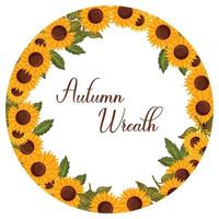 Autumn wreath with sunflowers and green leaves with space for text. Vector illustration isolated white background.