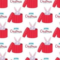 Christmas pattern with a rabbit. Rabbit in a red gift box. Symbol of 2023. Merry christmas and new year. Seamless design of festive wrapping paper and Christmas textile. vector