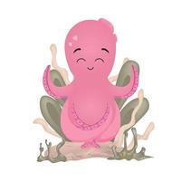 Cute childish octopus character print. Pink octopus on seaweed. Clipart for children's design. vector