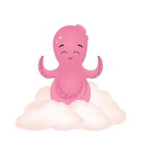 Cute childish octopus character print. Pink octopus on a cloud. Clipart for children's design. vector