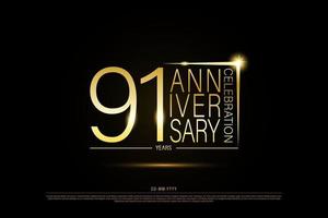 91 years golden anniversary gold logo on black background, vector design for celebration.