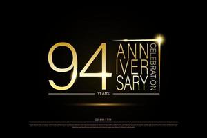 94 years golden anniversary gold logo on black background, vector design for celebration.