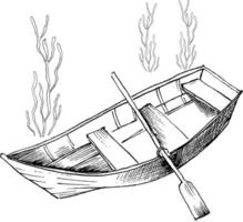 Ink drawing of boat with oar and seaweeds. The boat and the seaweeds are in different layers. Vector illustration in vintage style.